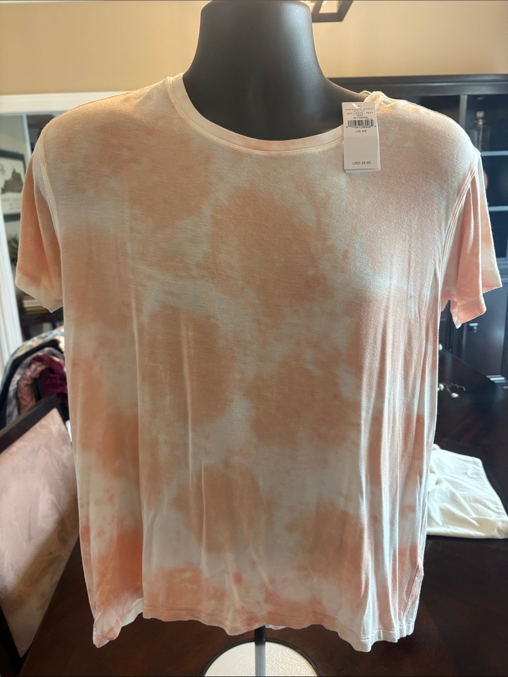 American Eagle Outfitters Peach and White Tie-Dye Short Sleeve Tee